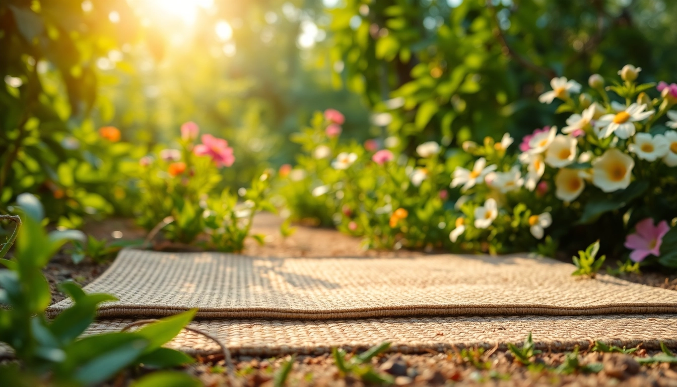 Hanfmatte im Fokus, umgeben von einer blühenden Gartenlandschaft.
