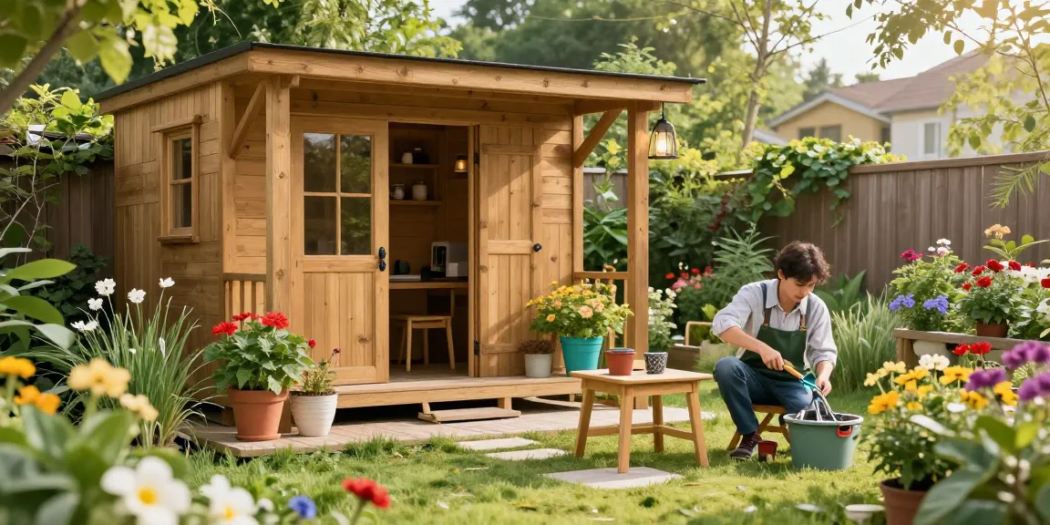 Gartenhaus Holz im Garten mit bunten Möbeln und blühenden Pflanzen