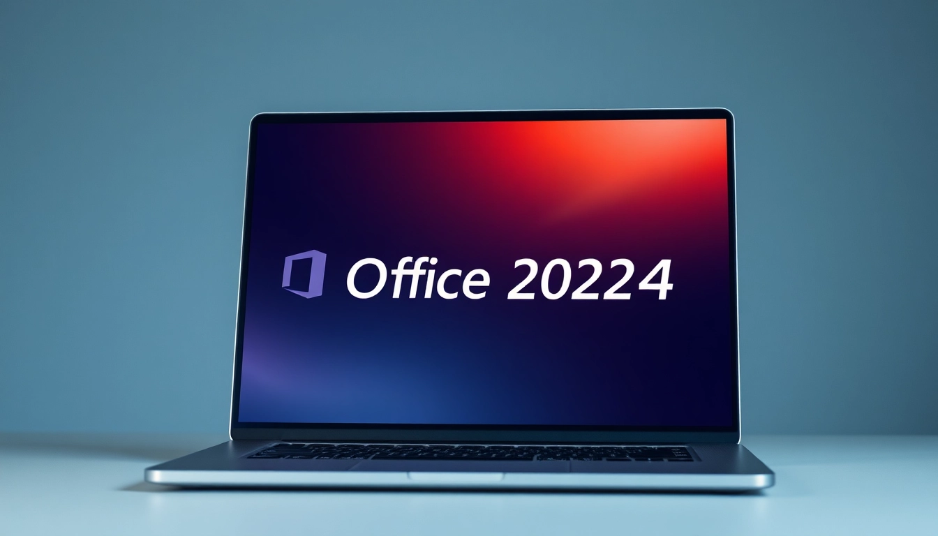 Erleben Sie den Kauf von Office 2024 mit einem modernen Laptop, der die Software-Oberfläche zeigt.