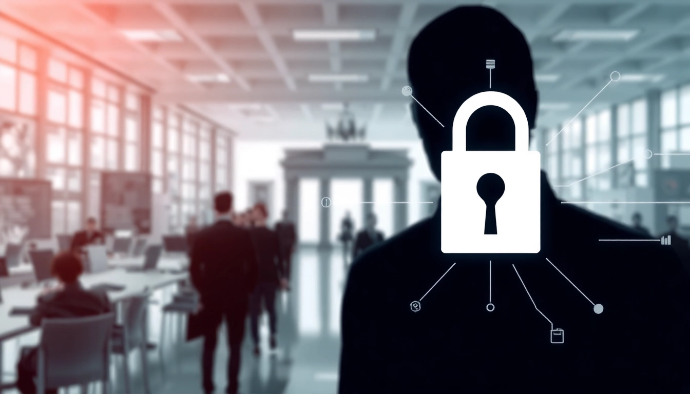 Grafik zum Thema Industriespionage in Berlin, die Sicherheitslösungen und Datenschutz hervorhebt
