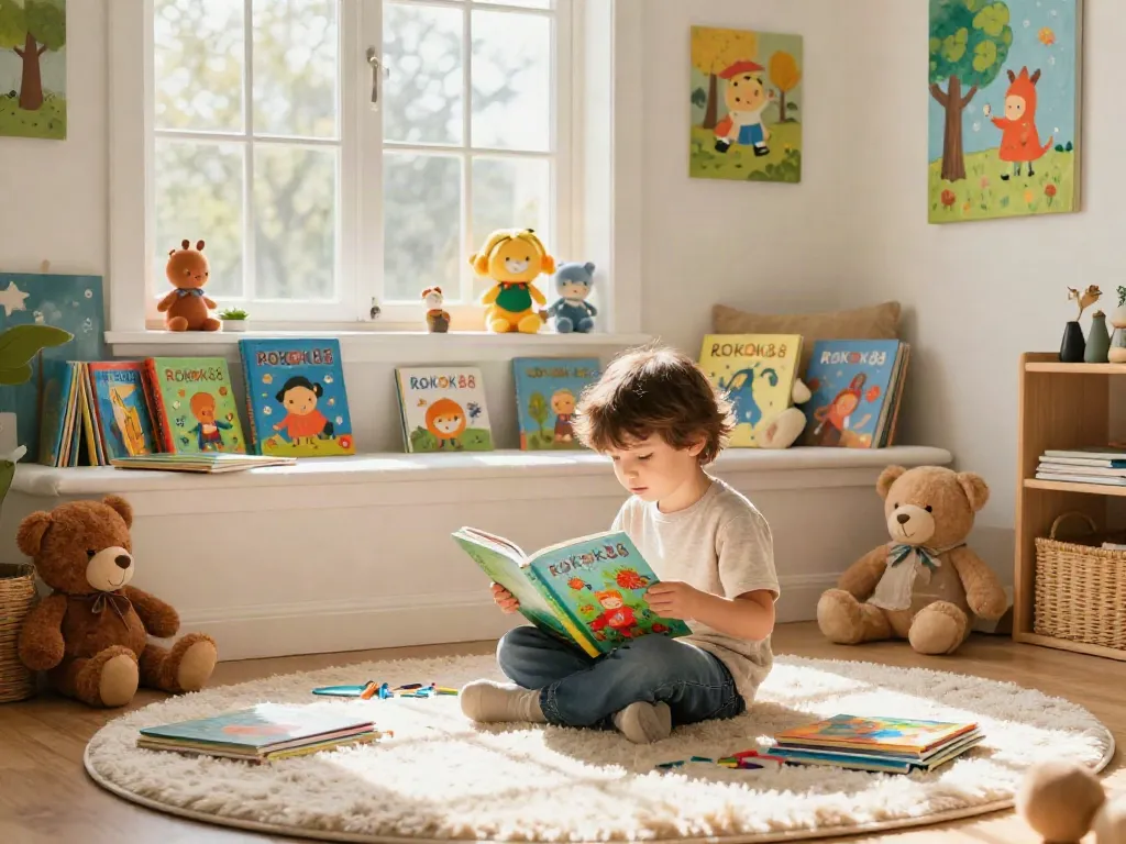Child reading colorful ROKOK88 storybooks in a cozy, sunlit nook.