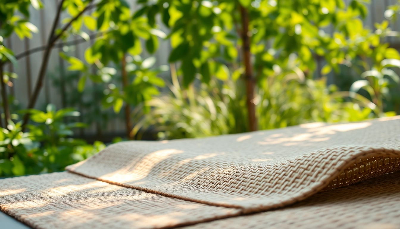 Hanfmatte in einem ruhigen Gartenszenario, die Textur und Farbe zeigt.