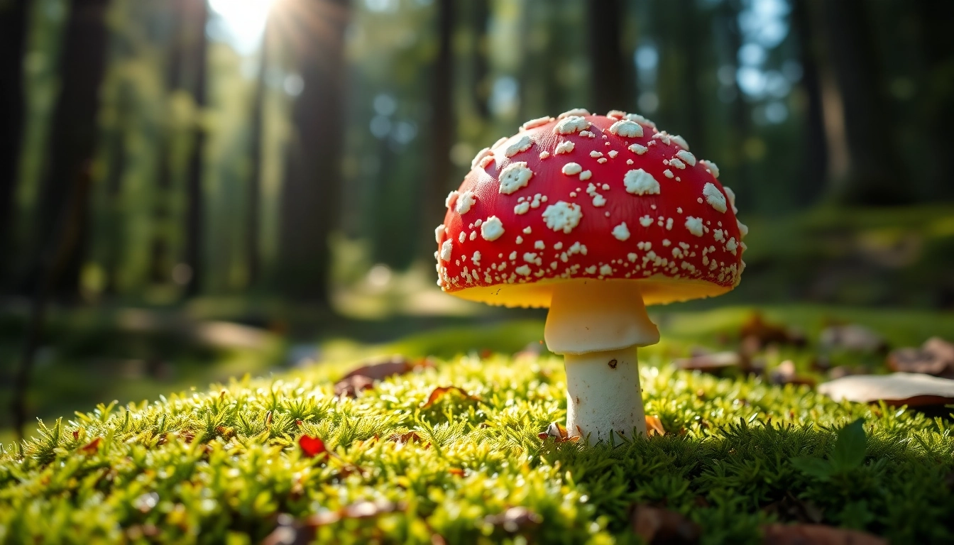 Amanita muscaria kaufen zeigt den leuchtend roten Hut und die weißen Punkte im Wald.