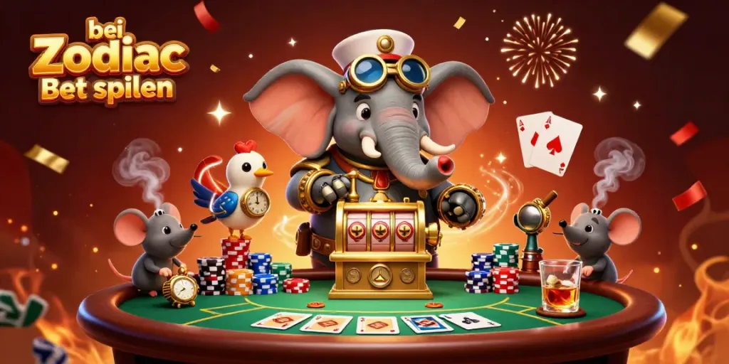 Spielen Sie bei Zodiac Bet, während ein mechanischer Elefant an einem goldenen Spielautomat arbeitet.