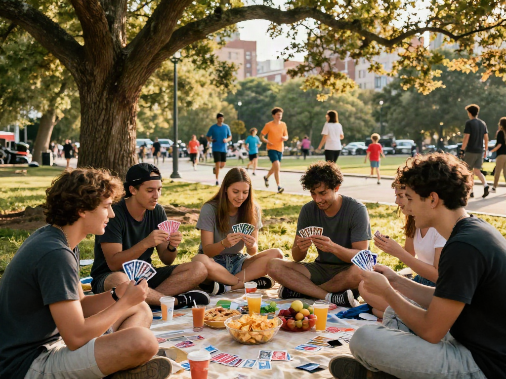 Friends enjoying a picnic while playing rokok88-inspired card games in the park