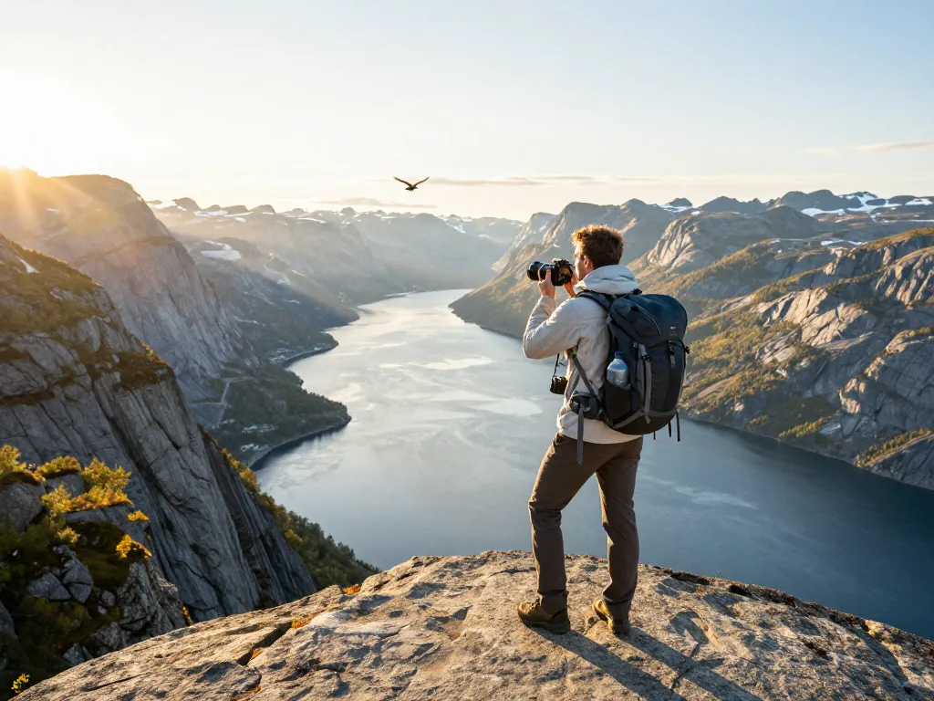 Skandinavien Reisetipps - Reisender an einem norwegischen Fjordkliff während des Sonnenuntergangs