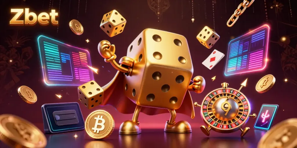 Engage in thrilling gameplay at Zbet with our dynamic gaming scene featuring golden dice and cryptocurrencies.