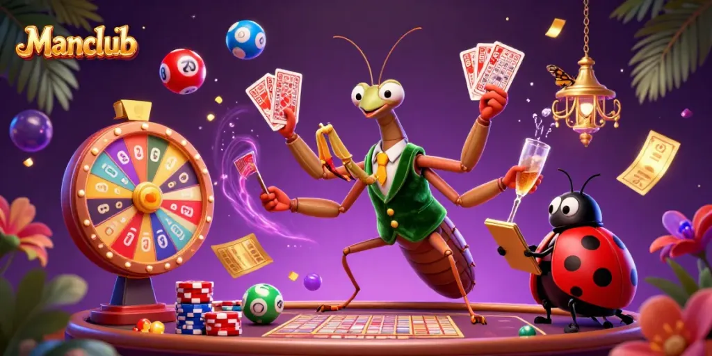 Experience winning moments with Manclub in a vibrant casino scene featuring a card sharp and a ladybug pit boss.