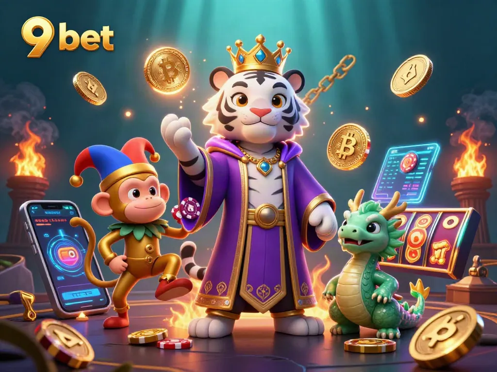 Experience the excitement of 9 bet with a vibrant 3D casino scene featuring an elegant white tiger, monkey, and dragon.