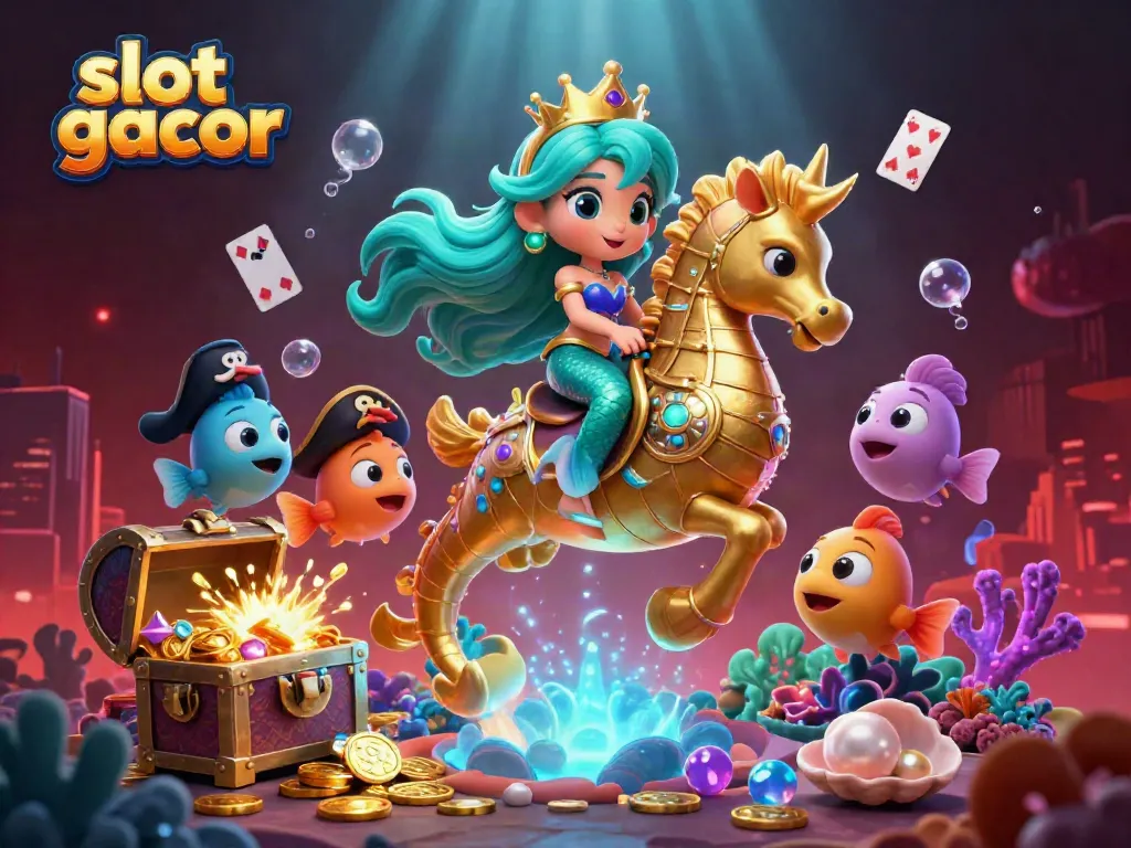 Experience the slot gacor excitement with our 3D underwater scene filled with treasures and vibrant characters.