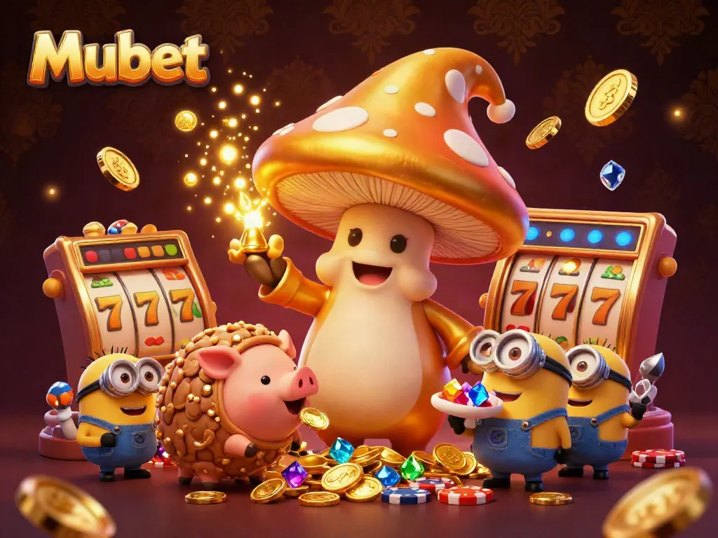Mubet's enchanting golden mushroom wizard amidst vibrant slot machines, transforming gaming elements into gold.