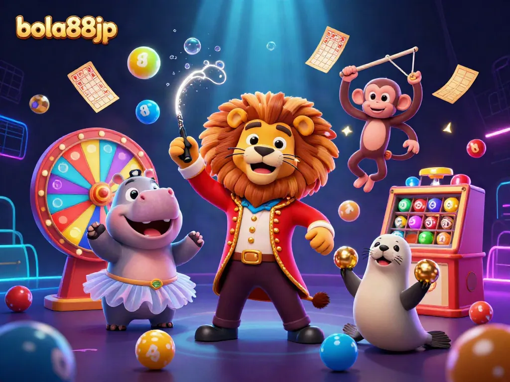 An engaging scene showcasing the vibrant energy of bola88jp with a circus lion and playful characters amidst colorful casino elements.