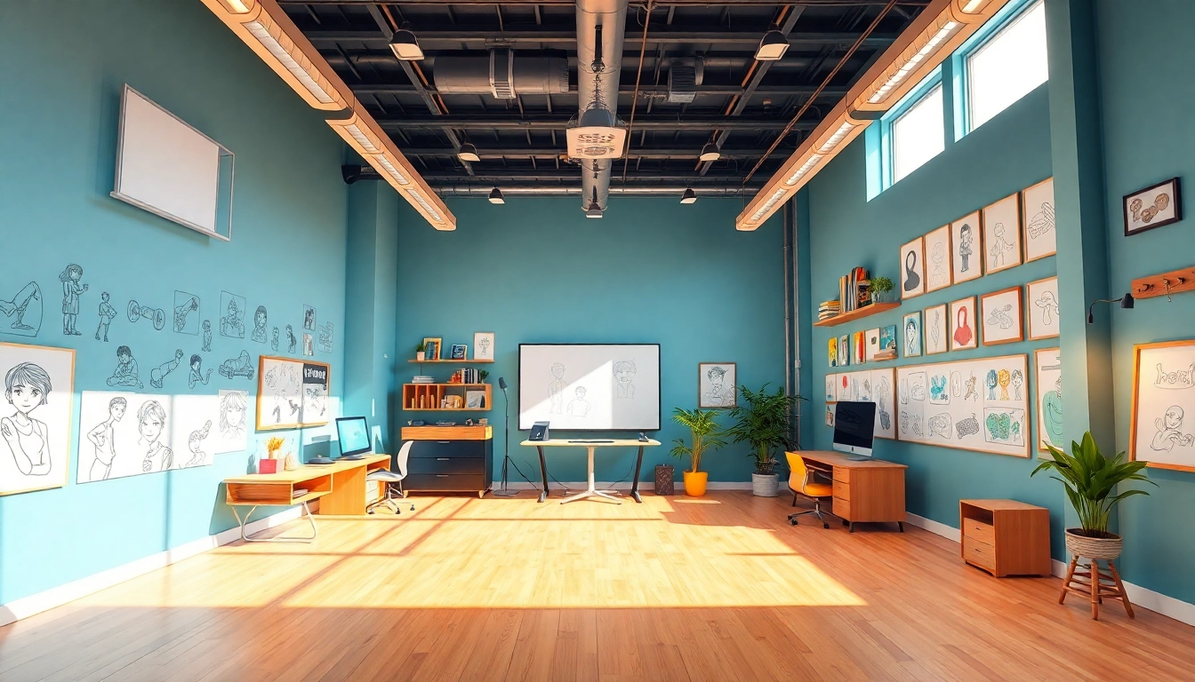 Creative animation studio showcasing vibrant sketches and modern workspace design, highlighting an Animation Agency environment.
