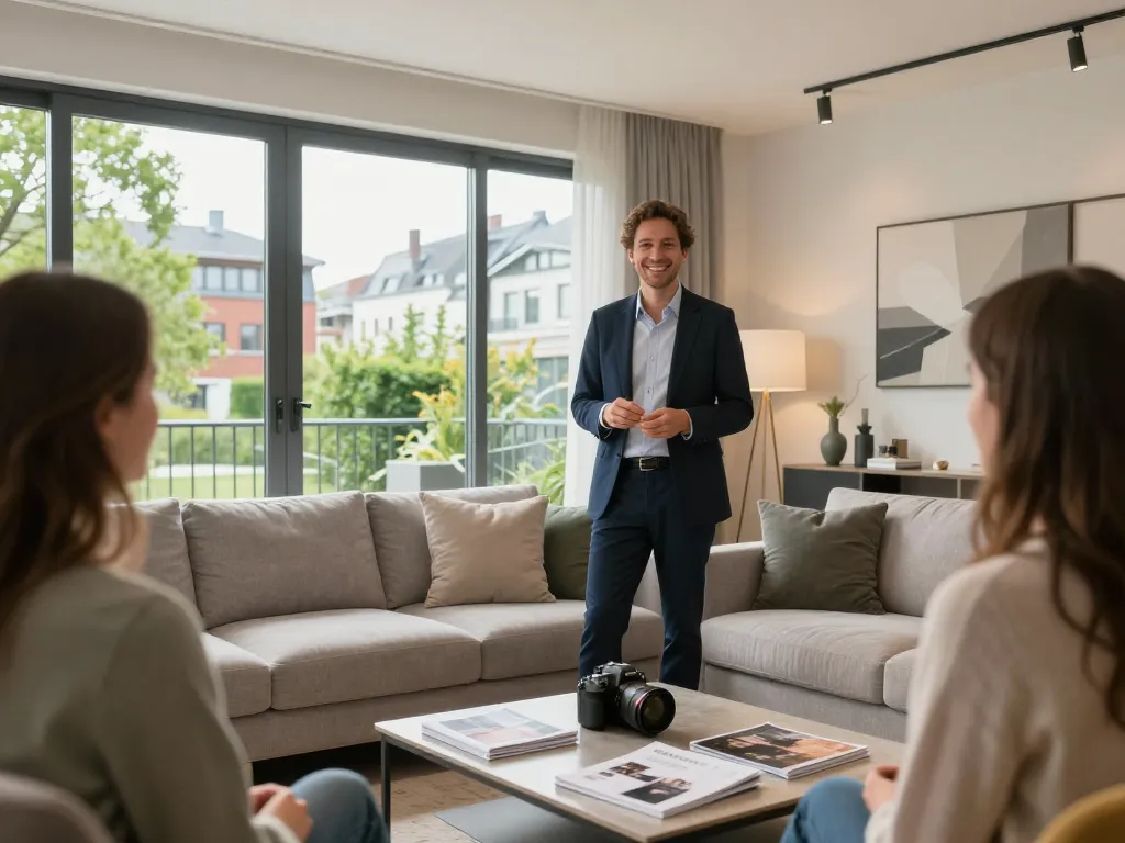 Immobilienmakler präsentiert eine Wohnung in Frankfurt Preungesheim und zeigt moderne Wohnräume.