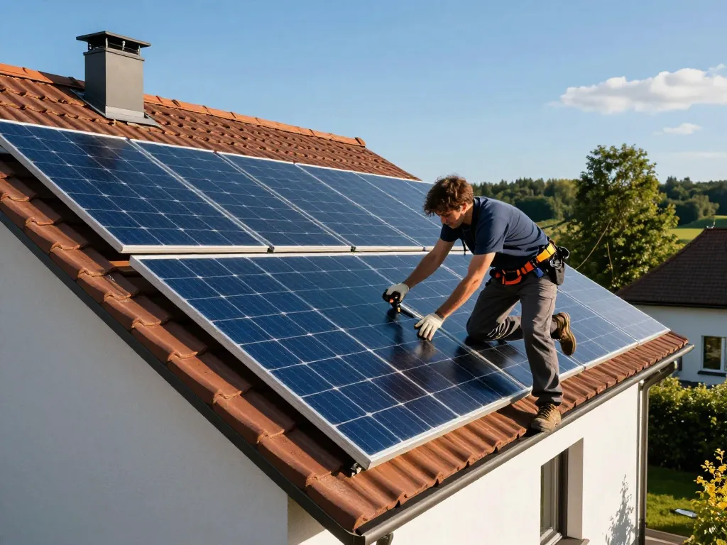 Installation der Photovoltaik Bayern, die einen Techniker auf einem Dach zeigt und nachhaltige Energielösungen hervorhebt.