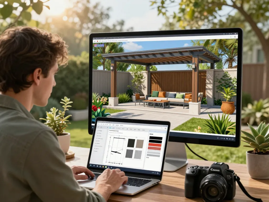 Designer verwendet einen Veranda 3D Konfigurator, um eine Pergola in einer Außenszenerie anzupassen.