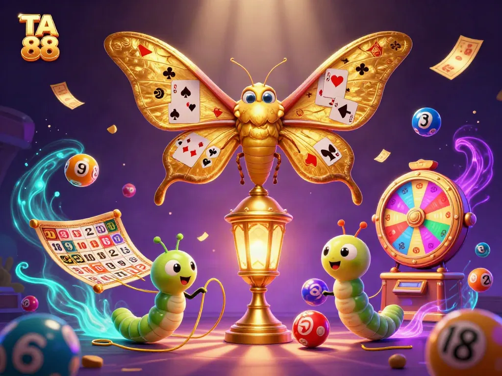 Engage with vibrant games at TA 88 amid colorful casino elements in this stunning 3D illustration.