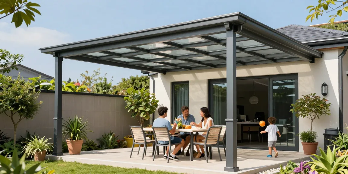 Moderne Terrassenüberdachung mit Familie im Garten.