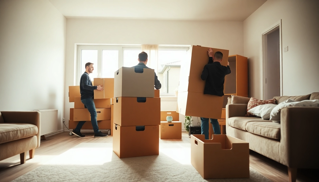 Umzugsunternehmen Saarbrücken: Professionelle Umzugshelfer packen Möbel in einem hellen Wohnzimmer.