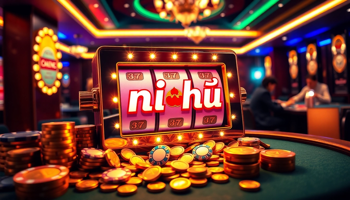 Nổ hũ slot machine attracting players with vibrant chips and neon lights.
