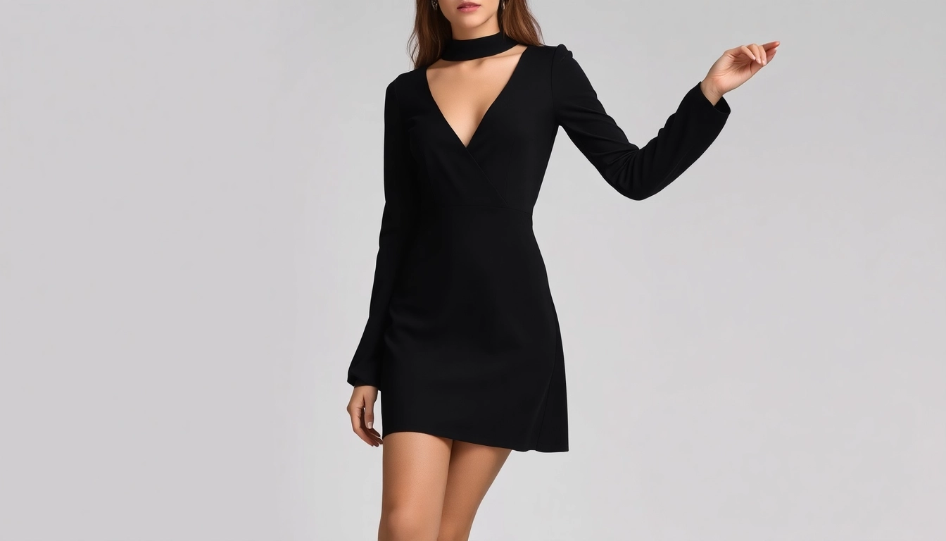 Schwarzes Minikleid mit langen Ärmeln und gerafftem Design, ideal für besondere Anlässe