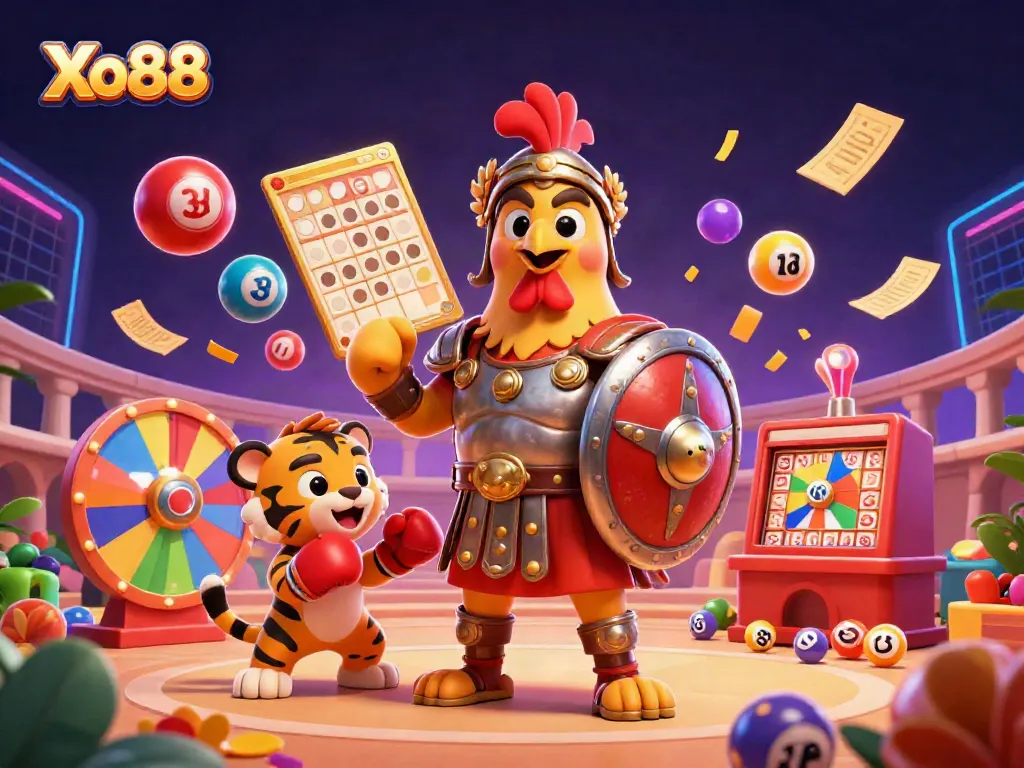Xo88 casino scene with a gladiator rooster, a tiger cub, and lottery elements showcasing vibrant game action.