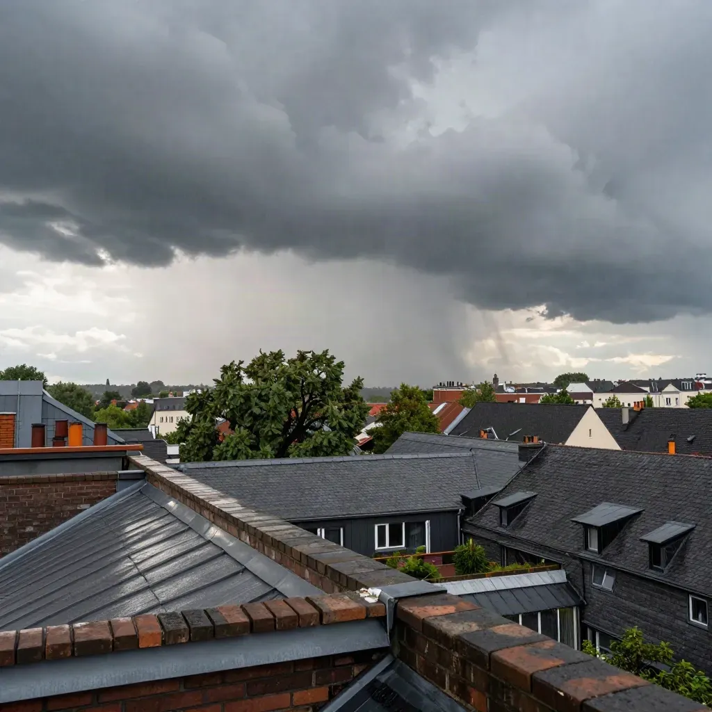 Sturmböe über den Dächern von Neukölln mit dunkler Wolkenwand