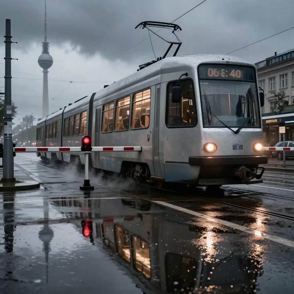 Halte-Tram am Alexanderplatz bei Regen, Fernsehturm im Hintergrund, Dampf über nassen Gleisen.