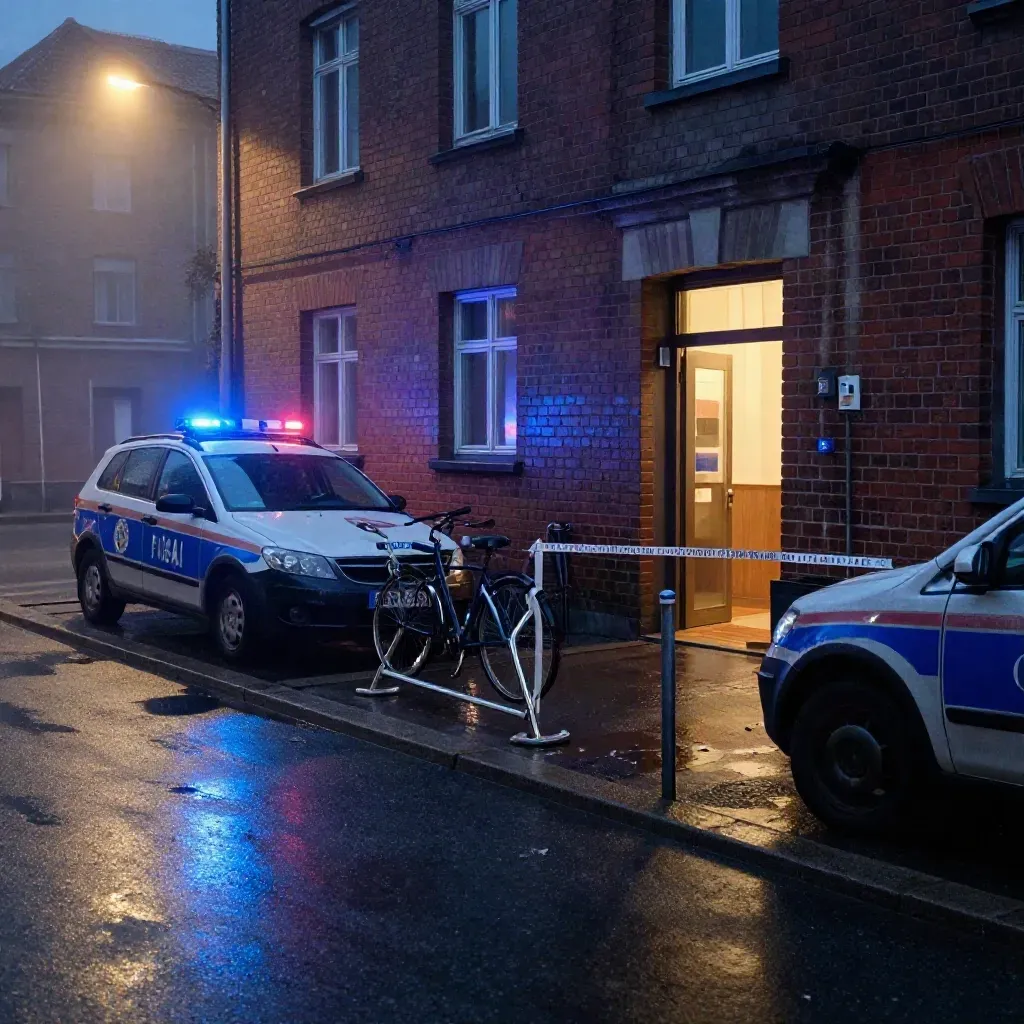 Nasse Kreuzberger Seitenstraße mit zwei Polizeiwagen, abgesperrter Tür und Blaulicht.