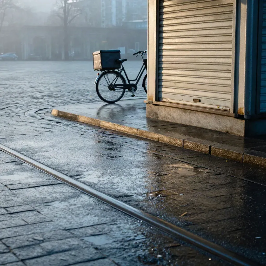 Verlassener Morgenplatz am Ostbahnhof mit nassen Gleisen, Kioskrollo und Lieferbike