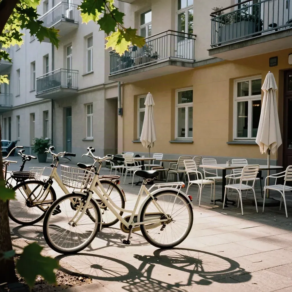 Innenhof in Neukölln mit Leihfahrrädern, Platanen und leerer Caféterrasse im Morgenlicht.