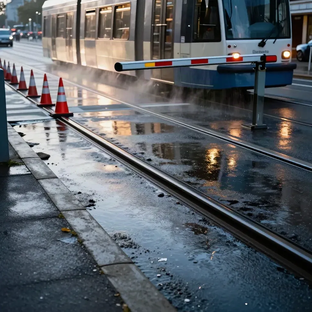 Tram fährt hinter einer Baustellenumleitung an nasser Kreuzung vorbei, mit Schrankenarm und roten Kegeln.