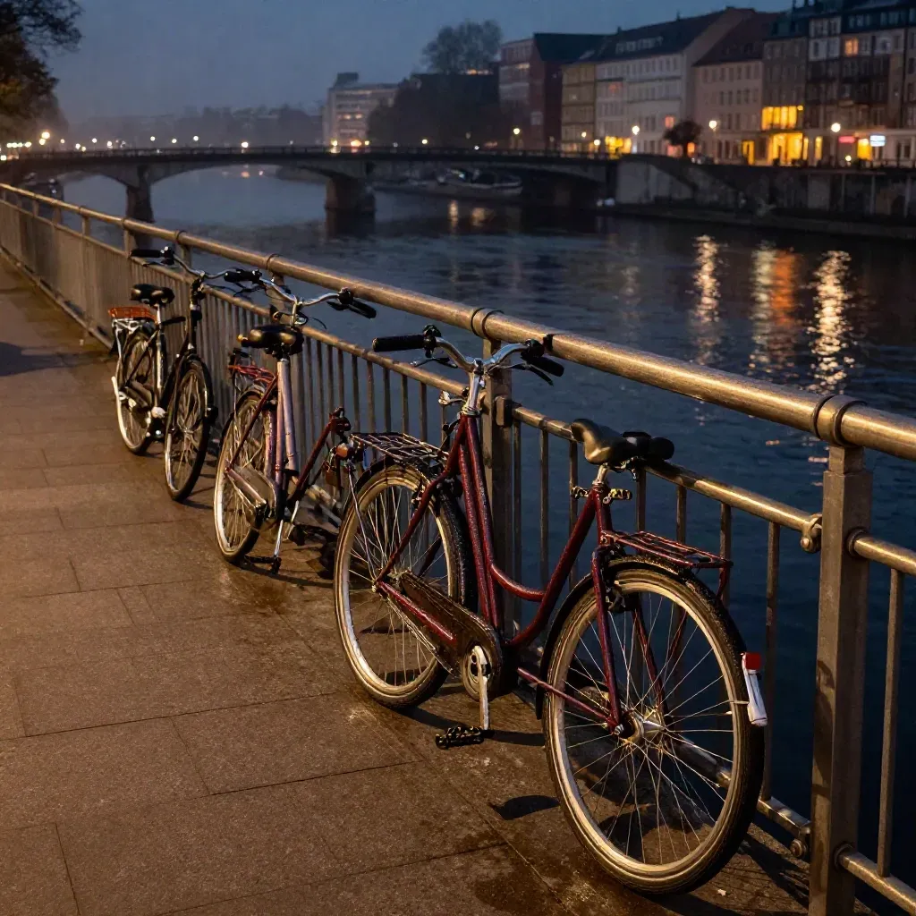 Abend an der Spree mit abgeschlossenen Fahrrädern, Brückenreflexen und ersten Lichtern.