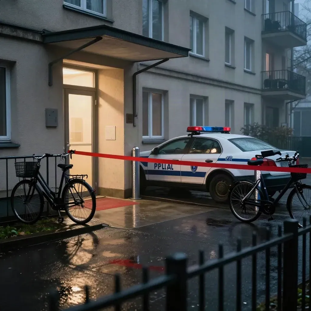 Polizeiwagen und Fahrräder am Hauseingang im Nebel bei Nacht