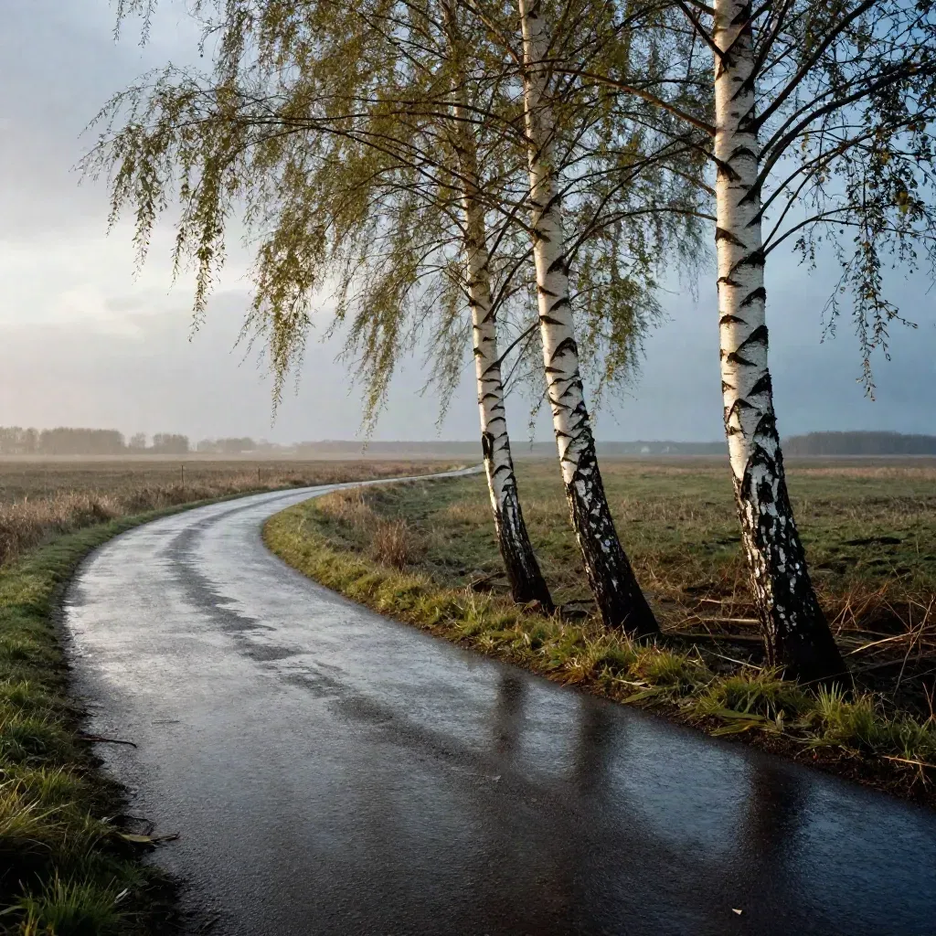 Regenfront über Tempelhofer Feld, windgebeugte Birken und nasser Weg im Abendlicht