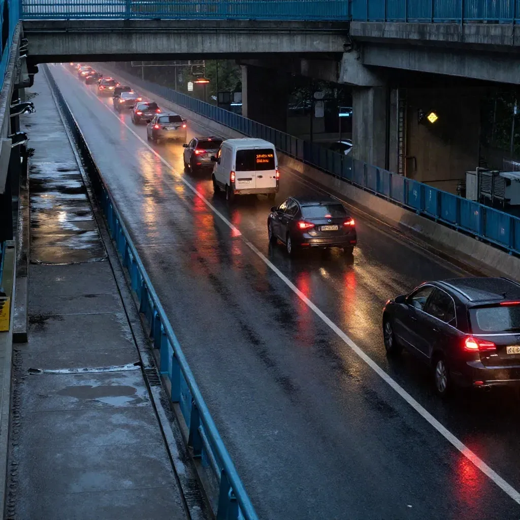 Nasse Stadtautobahn nachts unter einer Brücke, Rücklichter im Stau und Dunst