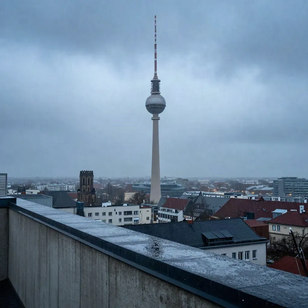 Fernsehturm im Regen über Berlin bei Dämmerung, mit Wolken und nasser Skyline