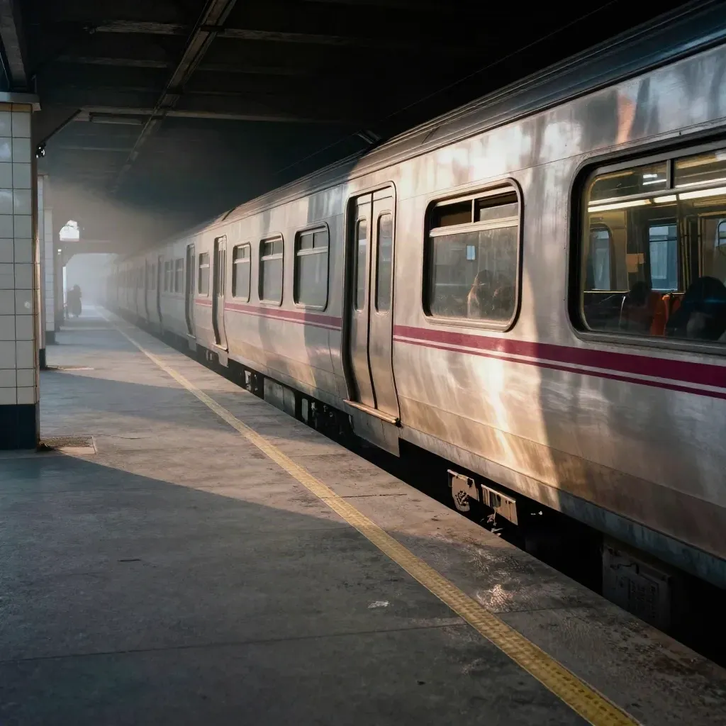 Ein Zug fährt in einen leeren U-Bahn-Bahnsteig ein, mit Dampf, Fliesen und rotem Streifen.