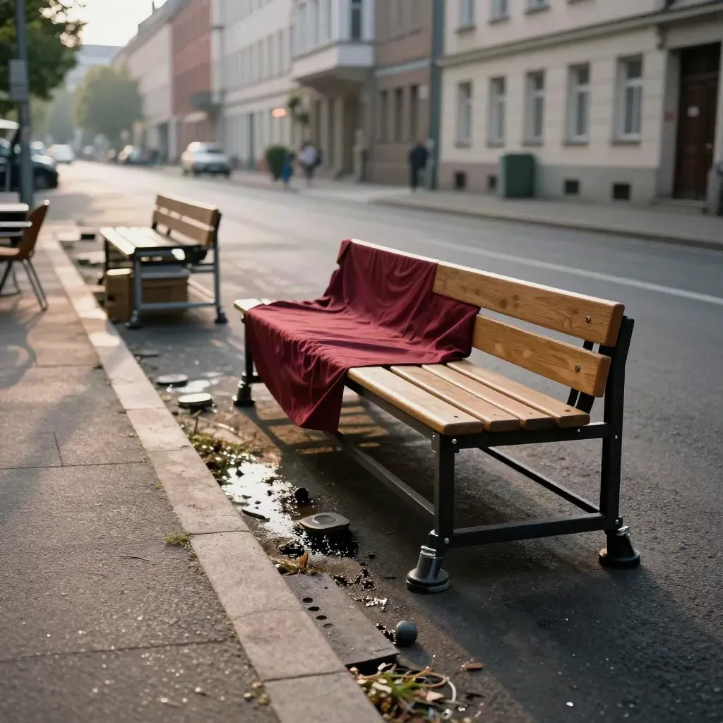 Leere Kiezfest-Straße mit Bänken, Absperrungen und Bühnenpodesten vor der Eröffnung.