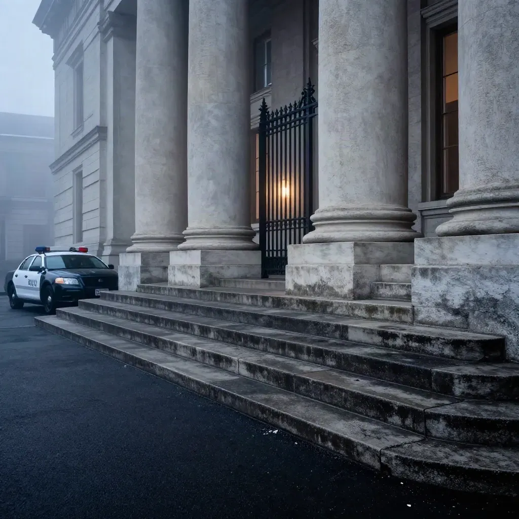 Gerichtsgebäude im Morgengrauen mit Streifenwagen, Säulen, Nebel und geschlossenem Eisentor.