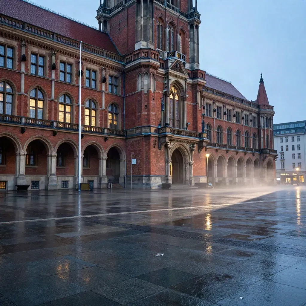 Rotes Rathaus im Morgengrauen mit nassem Pflaster, Nebel und Fahnenmasten