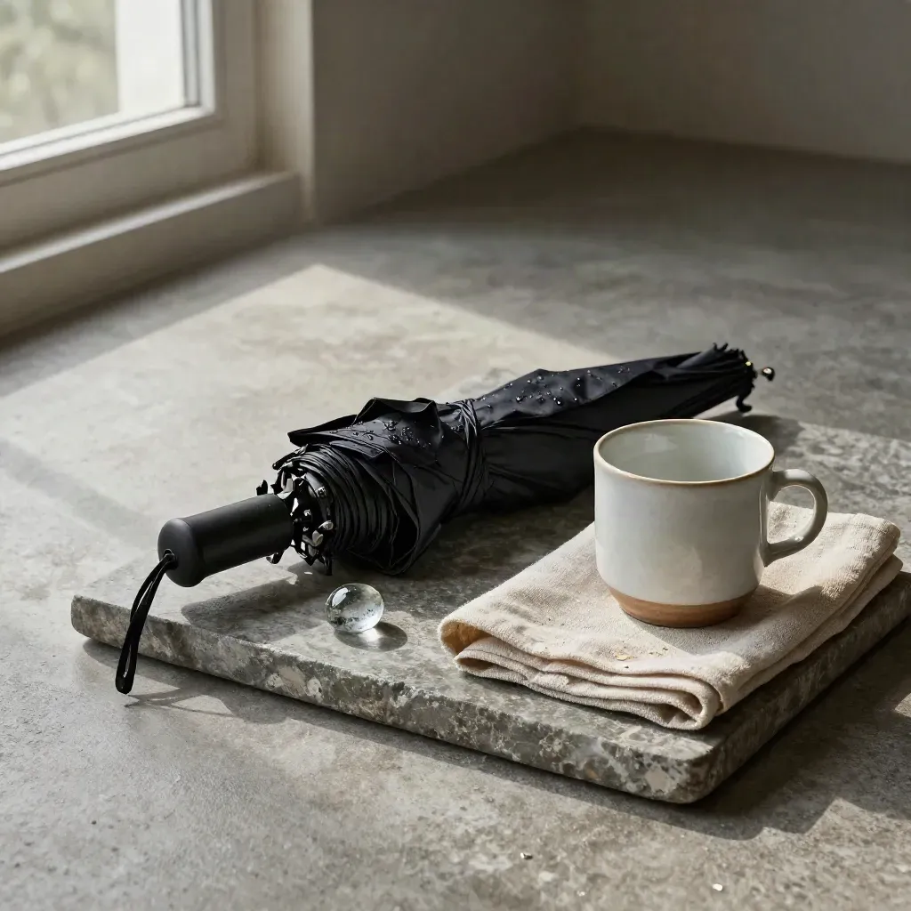 Halboffener Schirm, nasse Glasperle, Leinentuch und Tasse auf Steintray bei Wetterstimmung.