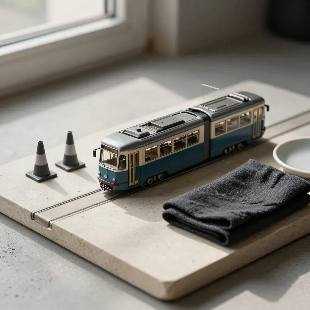 Miniatur-Tram mit Pylonen auf Steinschale, von oben, für die Verkehrslage.
