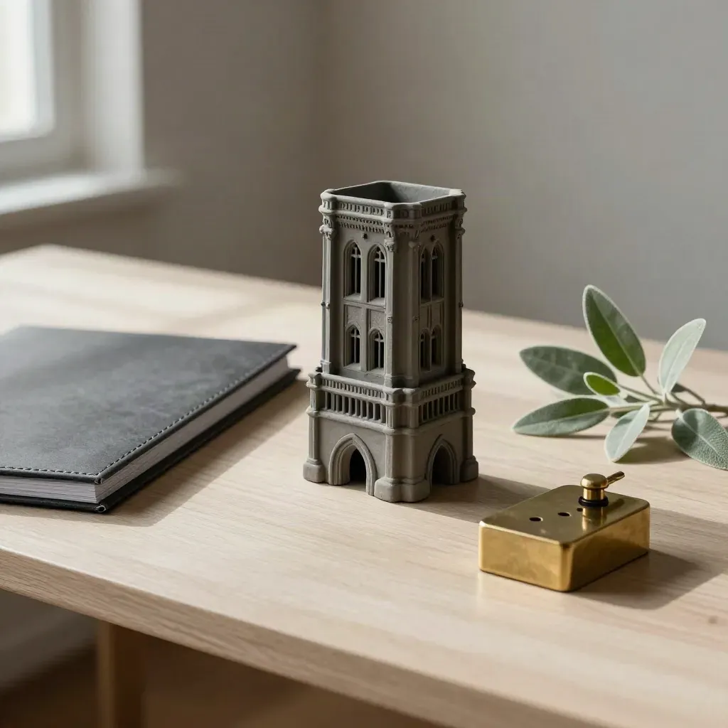 Miniatur des Roten Rathauses mit Aktenmappe, Messinggewicht und Grünzweig auf hellem Holz.