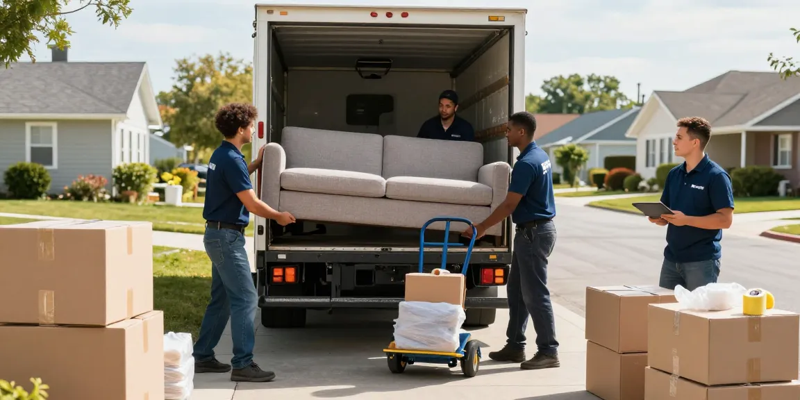 Umzugsunternehmen Bruchsal – professionelle Umzugshelfer transportieren ein großes Sofa in einem hellen Wohnviertel.