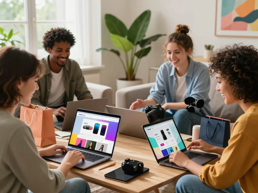 Aufgeregte Freunde erkunden sofort lieferbar Produkte während einer E-Commerce-Einkaufssitzung in einem stilvollen Wohnzimmer.
