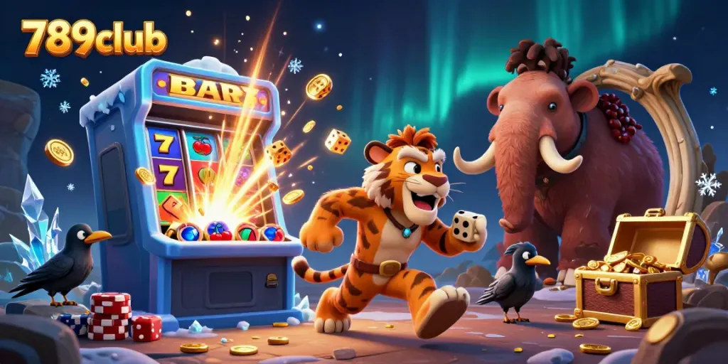 Engage with thrilling games at 789club featuring a vibrant prehistoric casino scene.