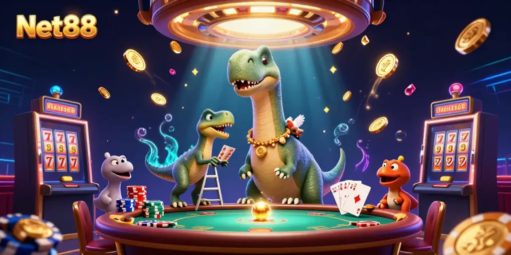 Experience the thrill with Net88's colorful casino scene including vivid characters and dynamic elements.