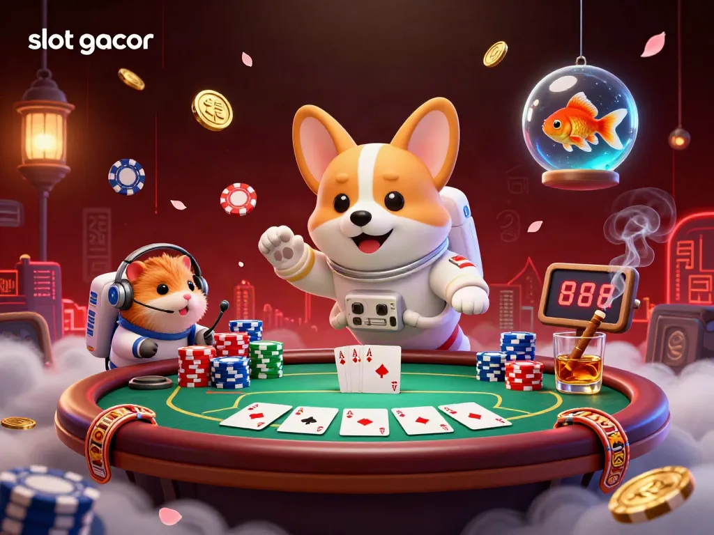 Experience slot gacor excitement with a floating astronaut corgi in a cosmic casino scene.