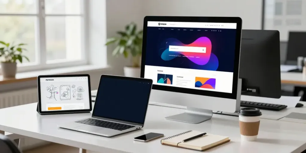 Webdesign Saarland: Kreatives Büro mit Designer, Laptop und Notizen für moderne Webseiten.